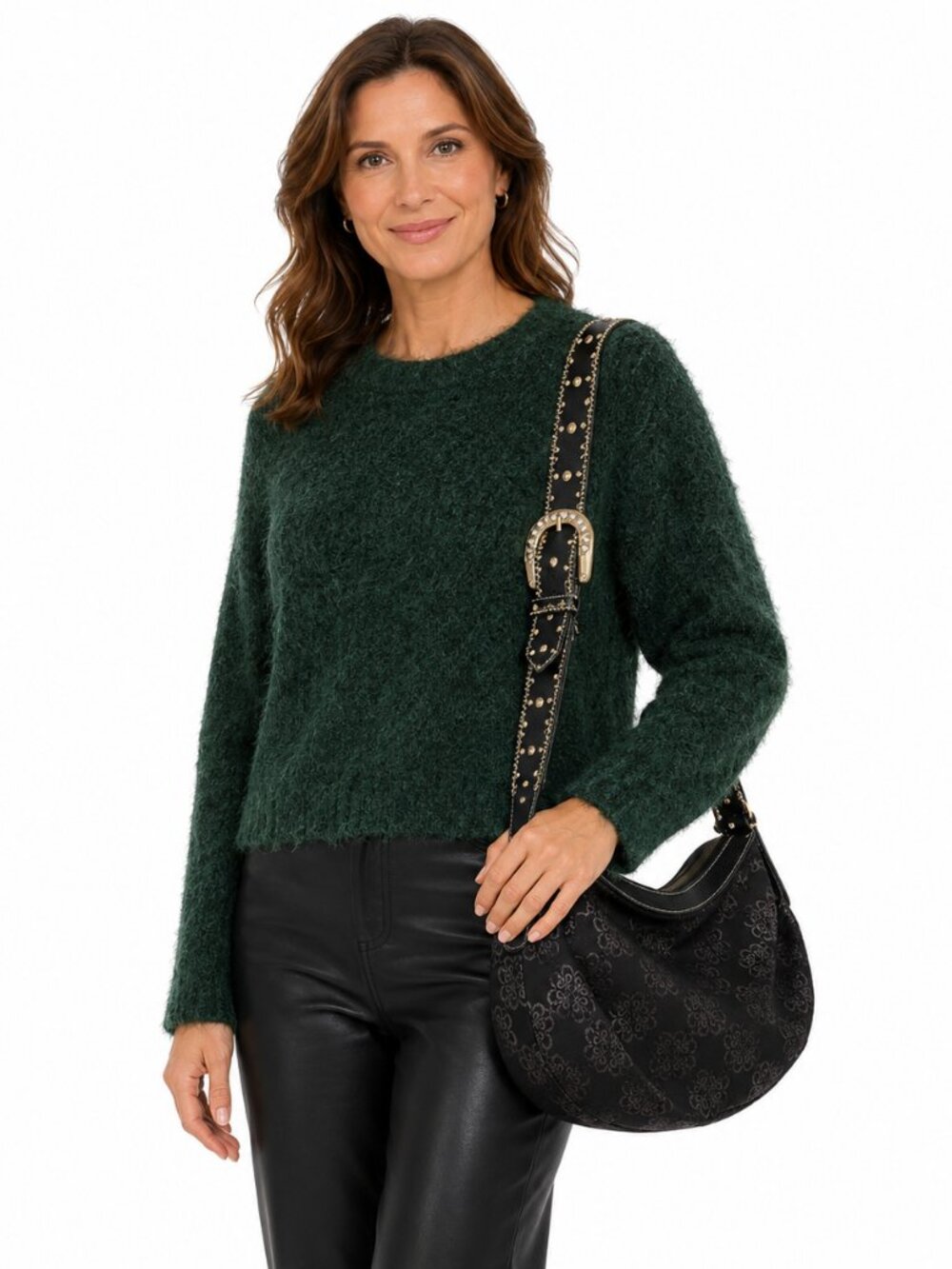 3-Piece Outfit Bundle: Icône Green Sweater + Dynamite Faux Leather Pants + Shoul